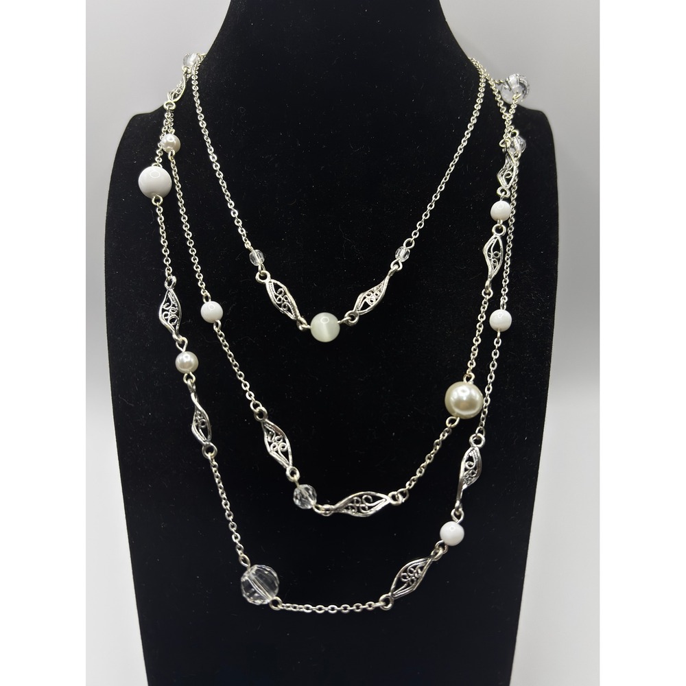 Sonoma Station Necklace Womens 36" Silver White Faux Pearl Filigree Beaded Long